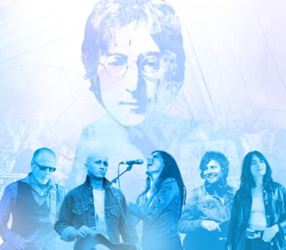 Five musicians in front of a background of John Lennon